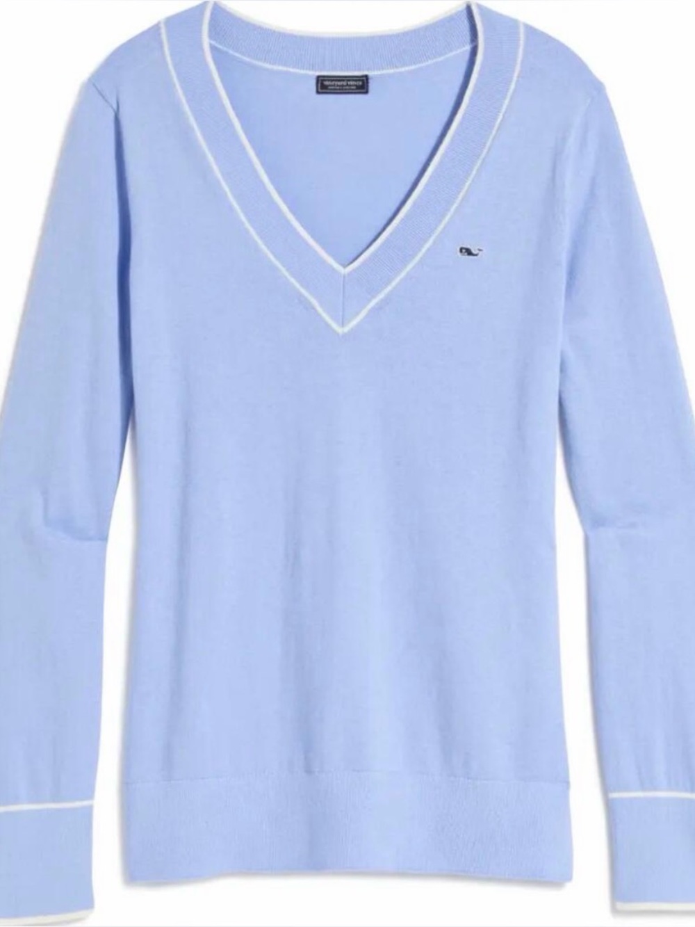 Vineyard Vines Sky Cotton Cashmere V-Neck Sweater with White Trim